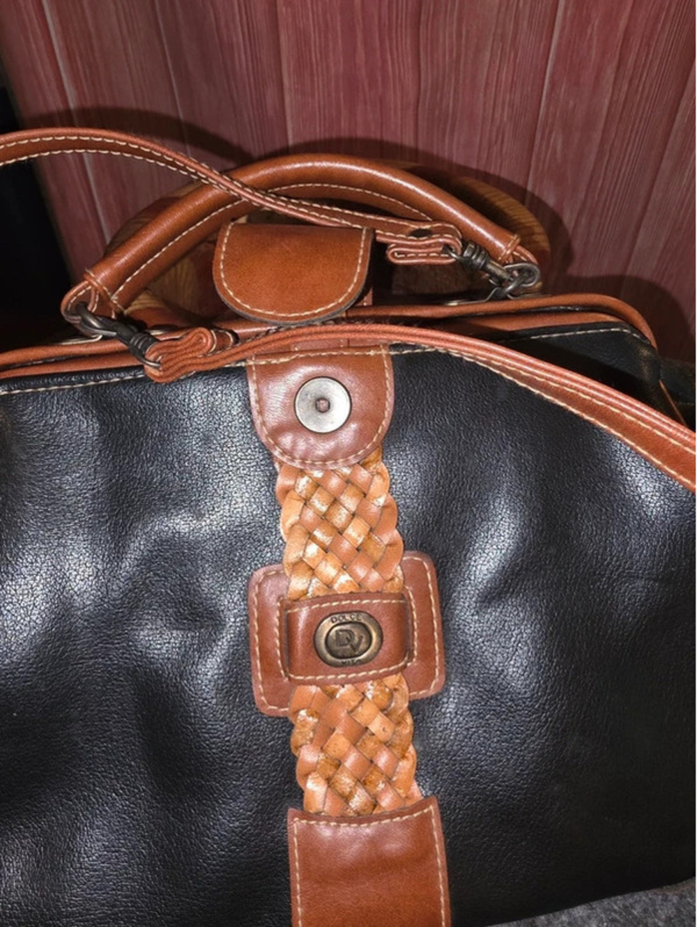Vintage Jackson Black Cognac Doctor Hinged Frame Woven Strap Plaque Top Handle